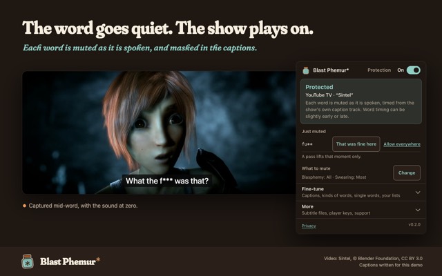 The extension popup over a paused show: the toolbar panel reads Protected, and the caption on the video shows a swear word masked as f asterisk asterisk asterisk