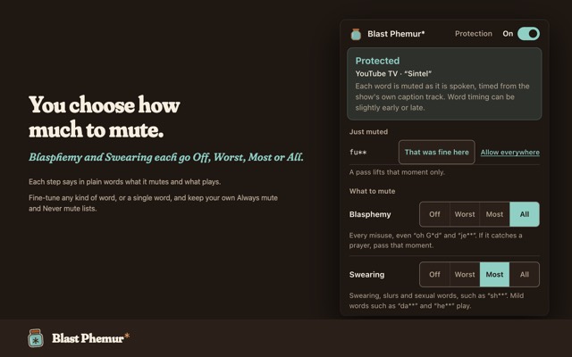 The popup settings: Blasphemy and Swearing each have four buttons reading Off, Worst, Most and All