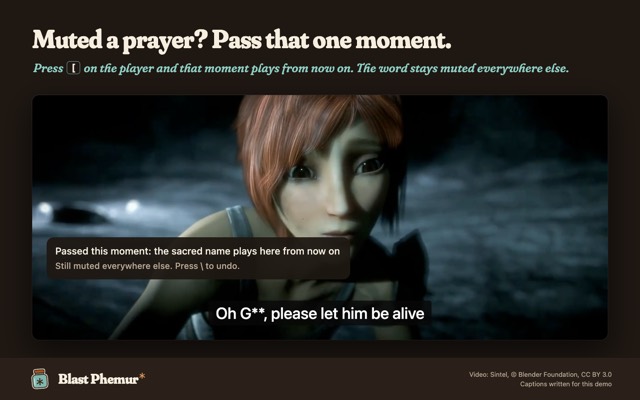 A note over the player reading: passed this moment, the sacred name plays here from now on, still muted everywhere else