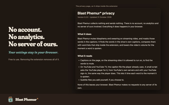 The privacy policy as it ships inside the extension, beginning: Blast Phemur collects nothing and sends nothing